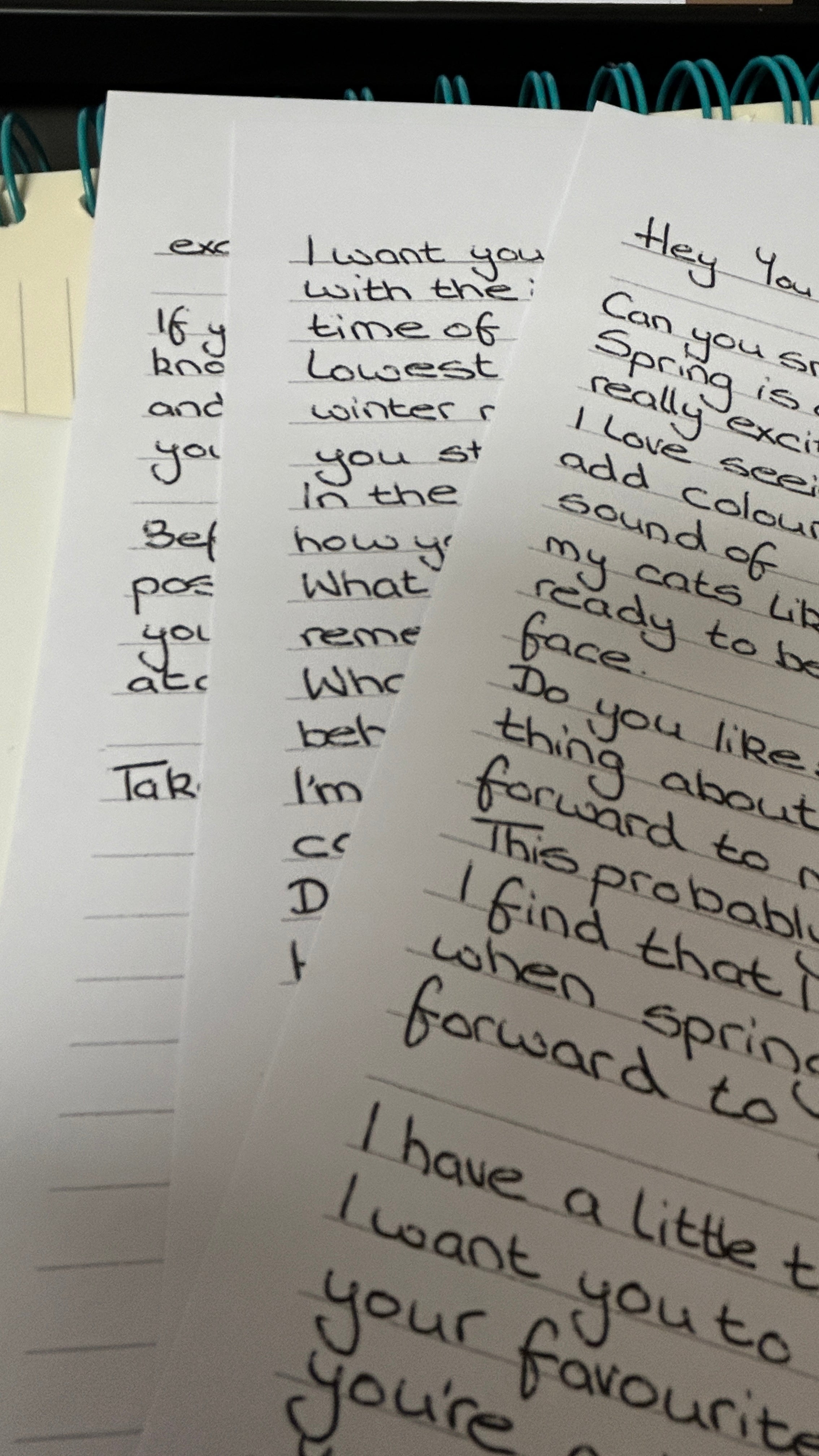 Handwritten notes on lined paper with text.