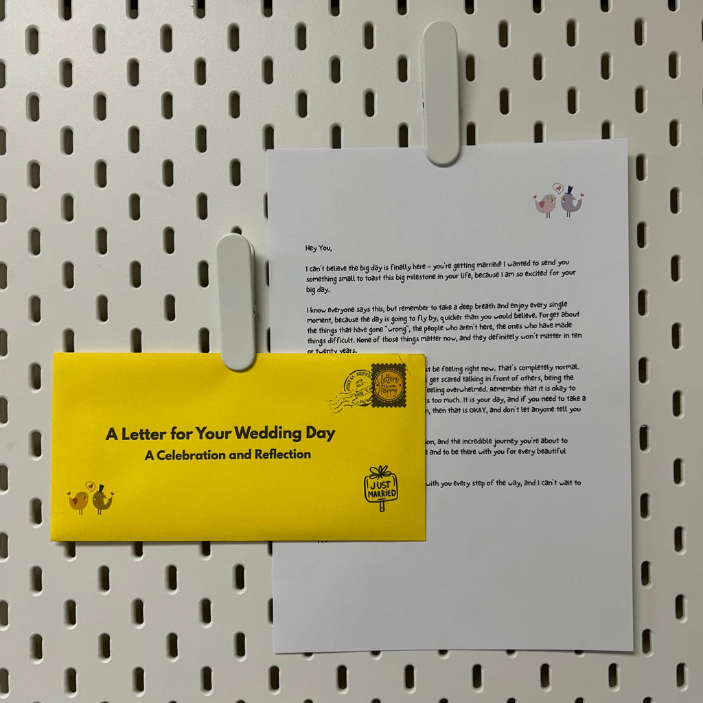 Letter for Your Wedding Day on a pegboard with a yellow card.