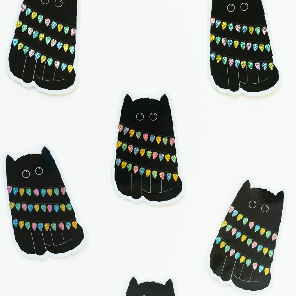 Glittery Black Cat Lights Eco Friendly Die Cut Sticker